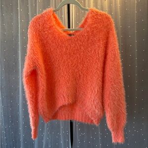 Freshman Vibrant Orange Fuzzy V-Neck Sweater